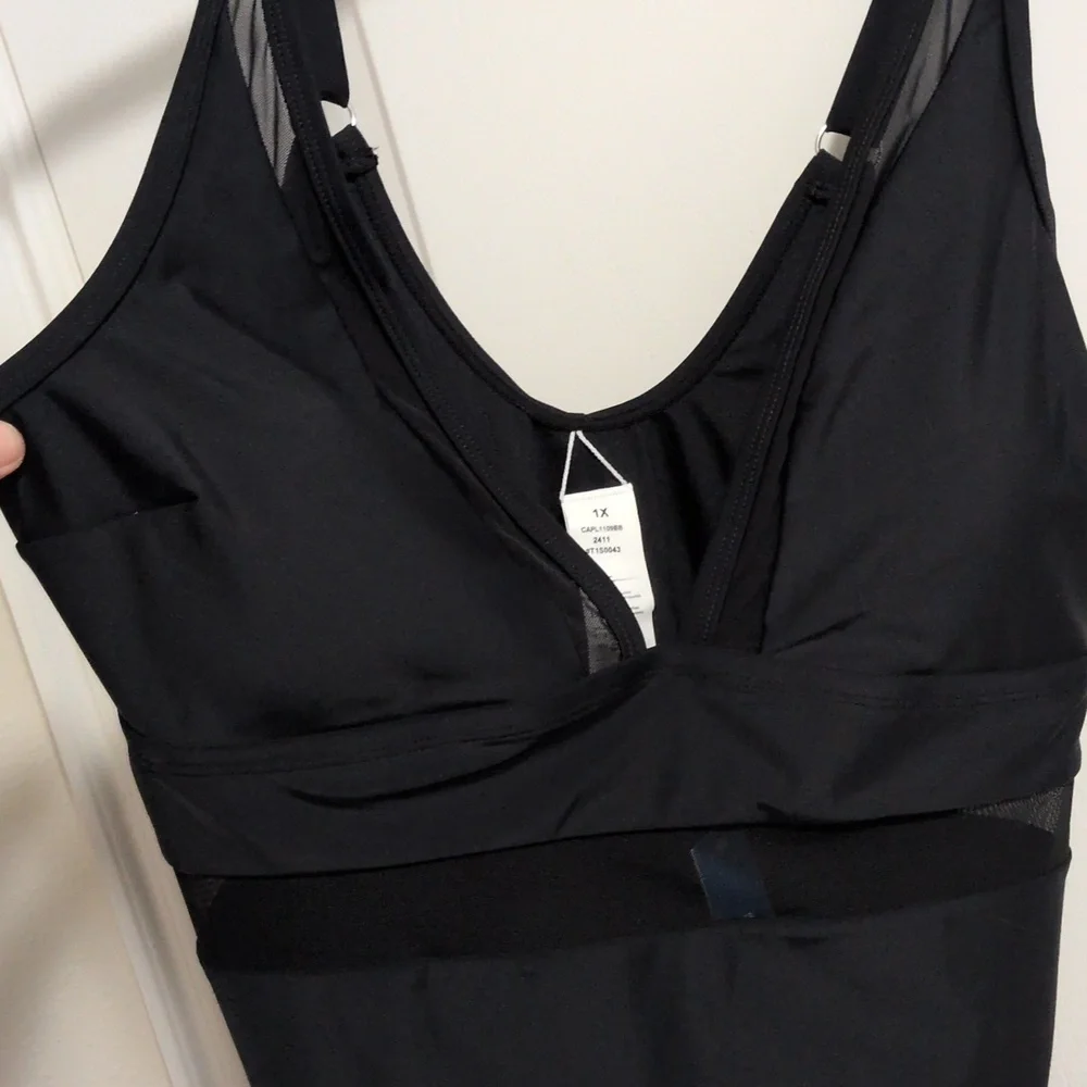 Low Cut Black One Piece Bathing Suit With Mesh - Picture 4 of 8